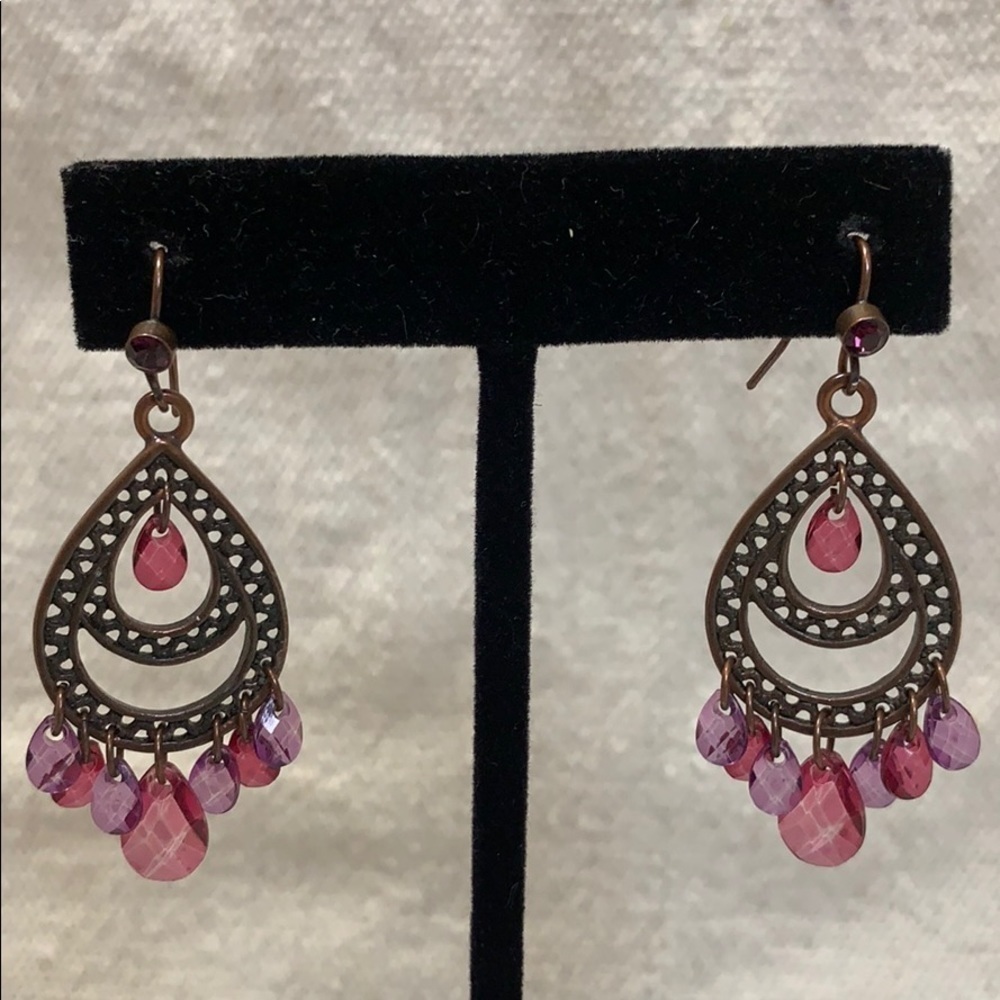 Boho teardrop dangle earrings pink purple bronze